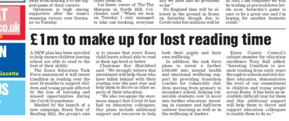 Article headline £1m to make up for lost reading time - Colchester Gazette p2, Friday 2 July 2021.